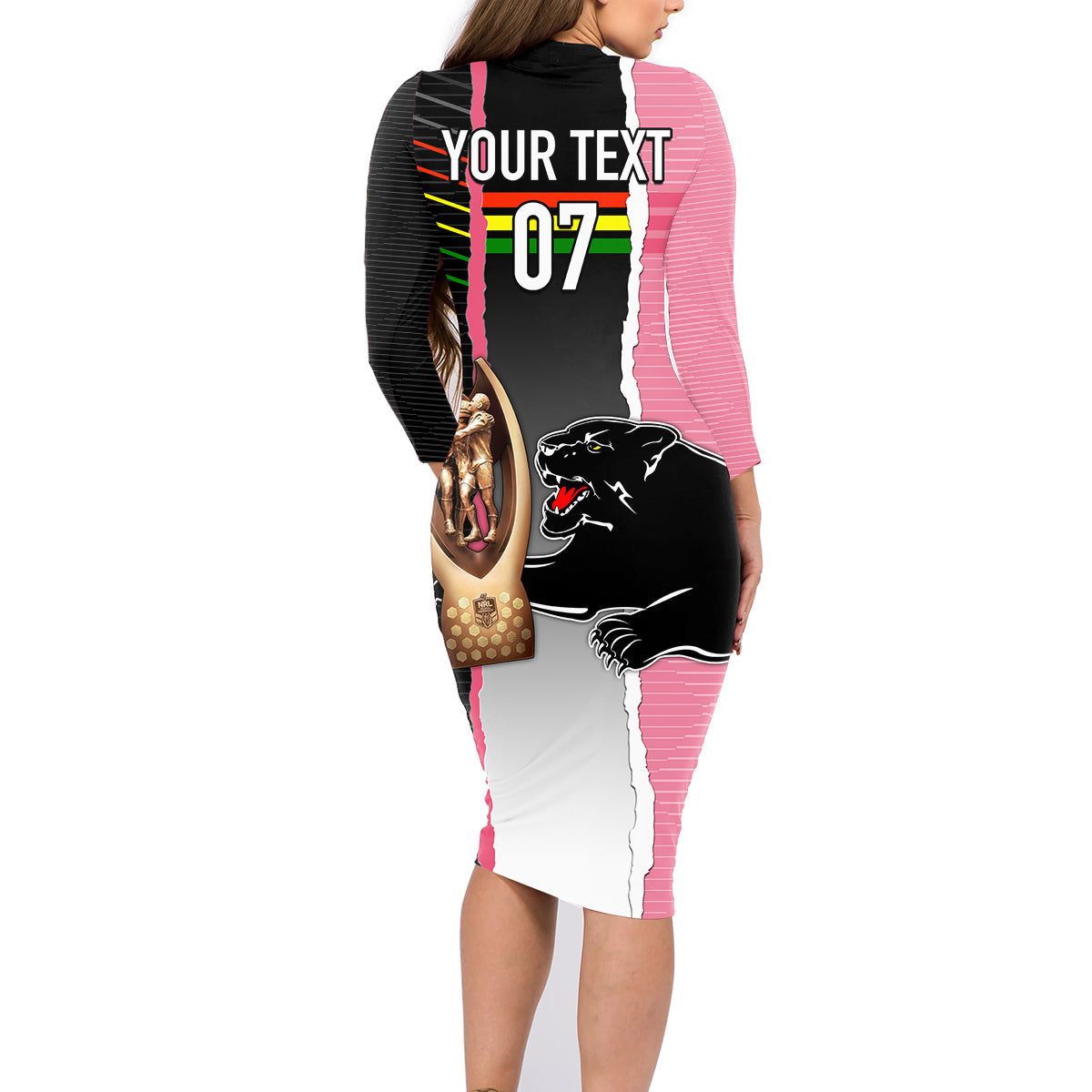 personalised-panther-rugby-nrl-premiers-family-matching-long-sleeve-bodycon-dress-and-hawaiian-shirt-panther-pride-black-pink-sporty-vibe