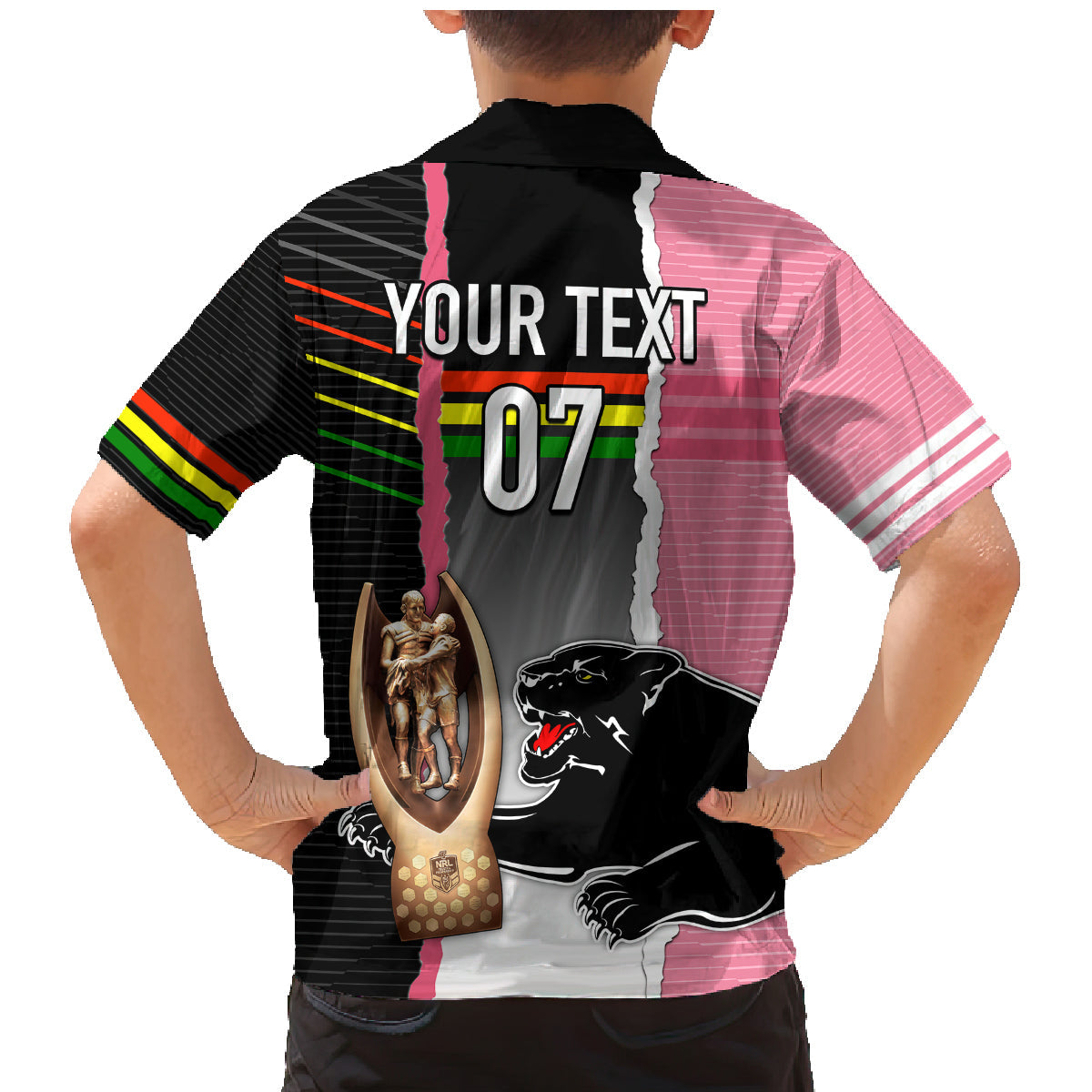 personalised-panther-rugby-nrl-premiers-family-matching-mermaid-dress-and-hawaiian-shirt-panther-pride-black-pink-sporty-vibe