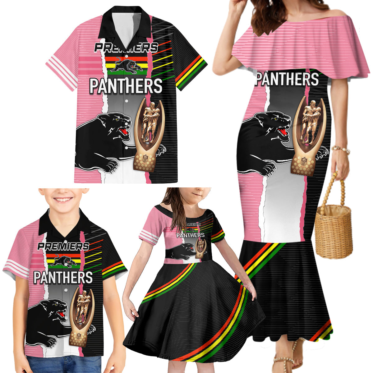 personalised-panther-rugby-nrl-premiers-family-matching-mermaid-dress-and-hawaiian-shirt-panther-pride-black-pink-sporty-vibe