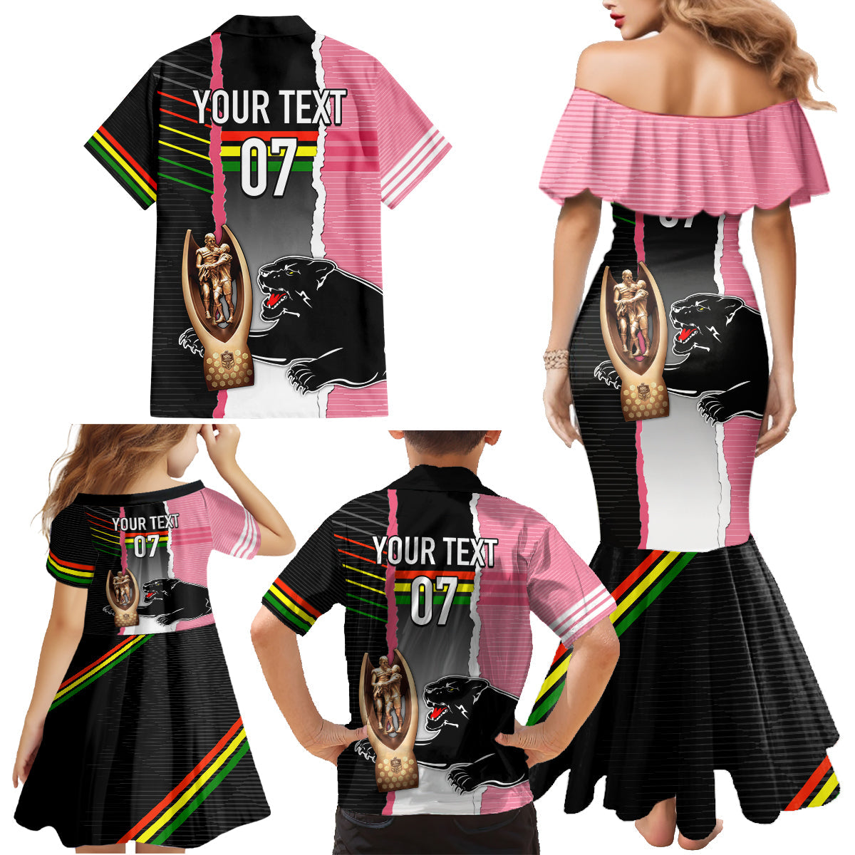 personalised-panther-rugby-nrl-premiers-family-matching-mermaid-dress-and-hawaiian-shirt-panther-pride-black-pink-sporty-vibe