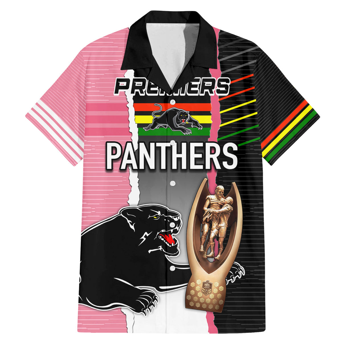 personalised-panther-rugby-nrl-premiers-family-matching-mermaid-dress-and-hawaiian-shirt-panther-pride-black-pink-sporty-vibe