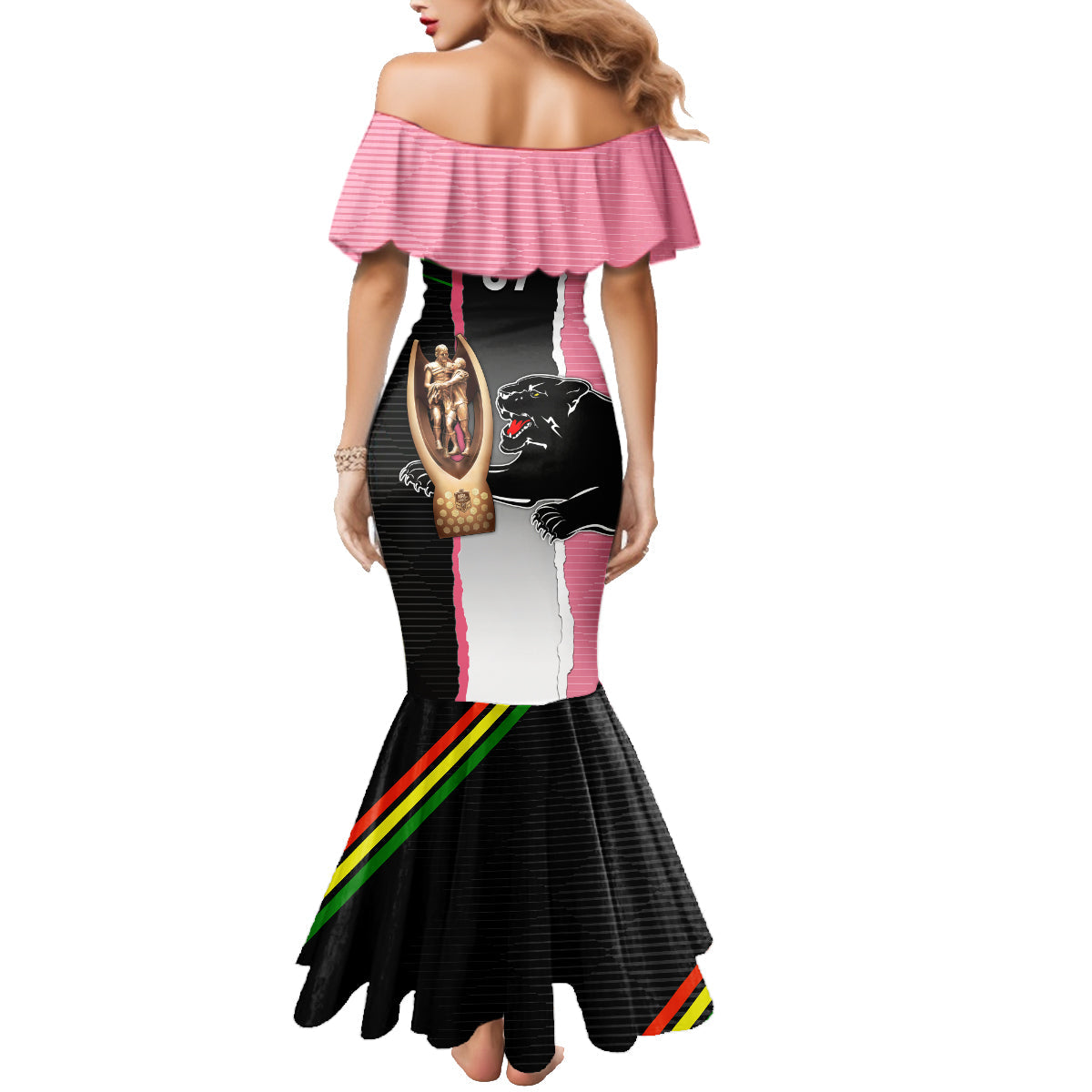 personalised-panther-rugby-nrl-premiers-family-matching-mermaid-dress-and-hawaiian-shirt-panther-pride-black-pink-sporty-vibe