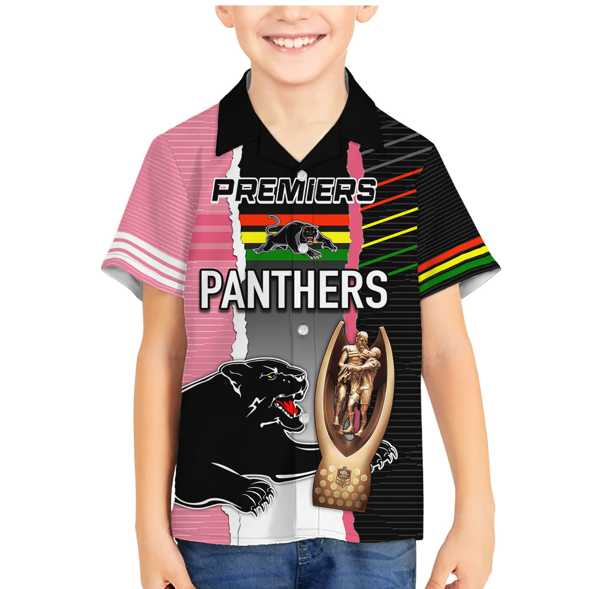 personalised-panther-rugby-nrl-premiers-family-matching-mermaid-dress-and-hawaiian-shirt-panther-pride-black-pink-sporty-vibe
