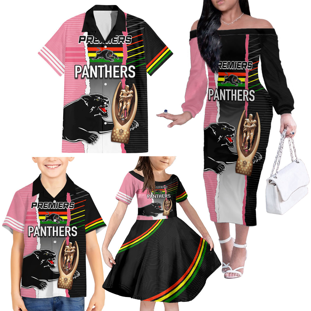 personalised-panther-rugby-nrl-premiers-family-matching-off-shoulder-long-sleeve-dress-and-hawaiian-shirt-panther-pride-black-pink-sporty-vibe