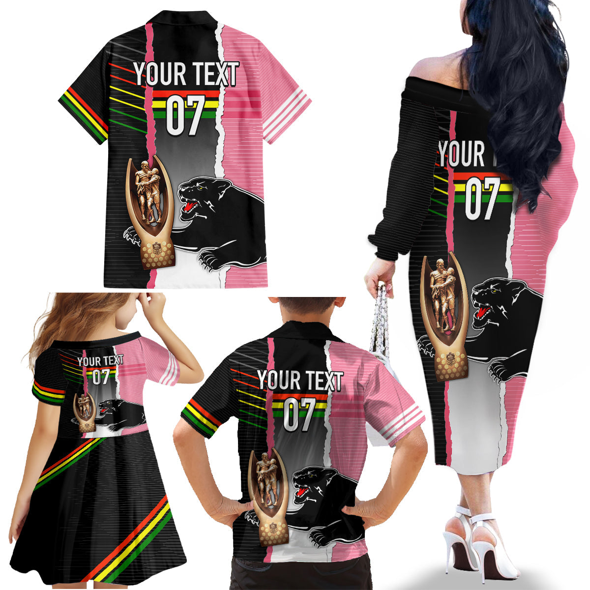 personalised-panther-rugby-nrl-premiers-family-matching-off-shoulder-long-sleeve-dress-and-hawaiian-shirt-panther-pride-black-pink-sporty-vibe