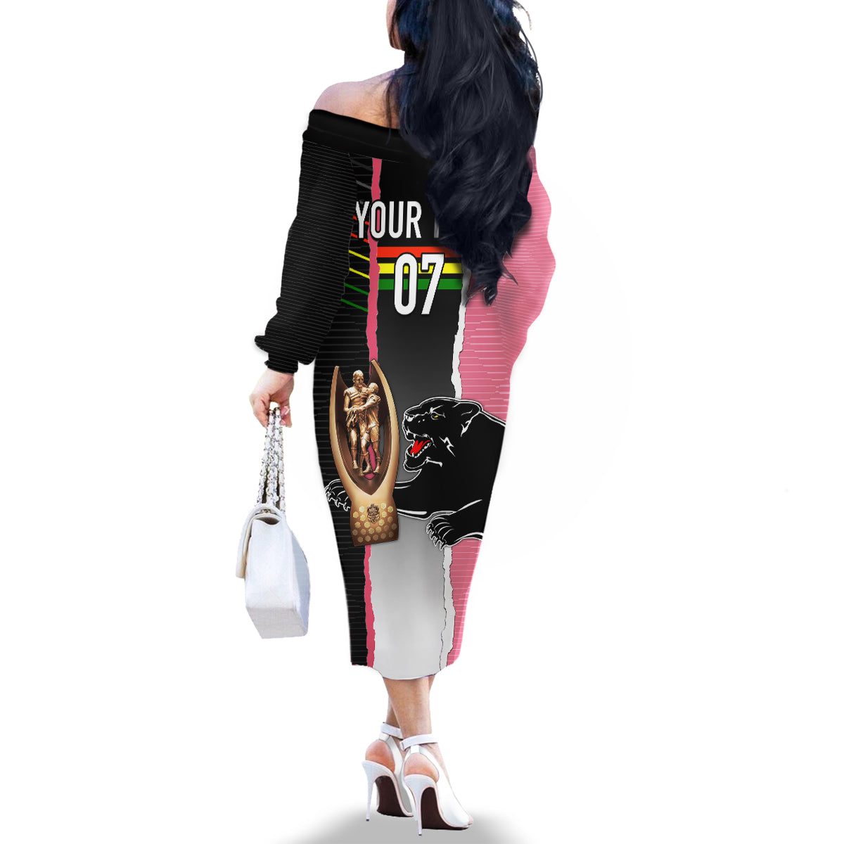 personalised-panther-rugby-nrl-premiers-family-matching-off-shoulder-long-sleeve-dress-and-hawaiian-shirt-panther-pride-black-pink-sporty-vibe