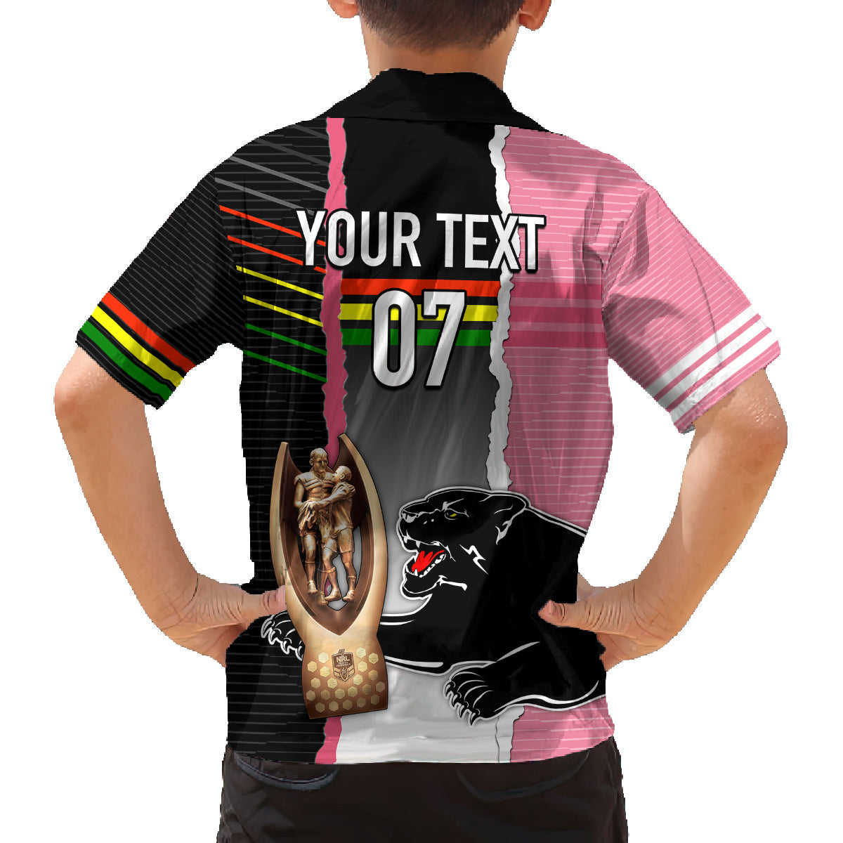 personalised-panther-rugby-nrl-premiers-family-matching-off-shoulder-maxi-dress-and-hawaiian-shirt-panther-pride-black-pink-sporty-vibe
