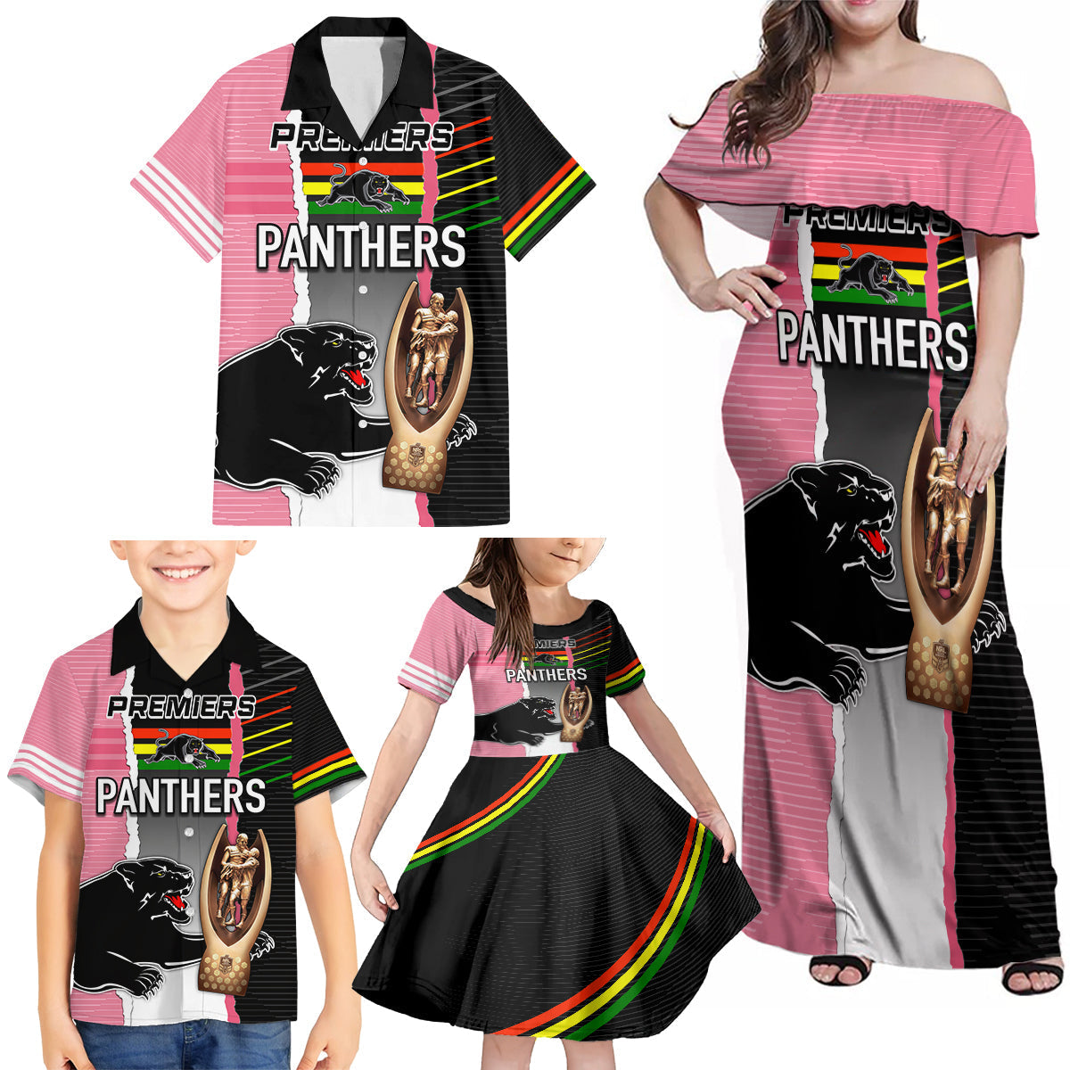 personalised-panther-rugby-nrl-premiers-family-matching-off-shoulder-maxi-dress-and-hawaiian-shirt-panther-pride-black-pink-sporty-vibe