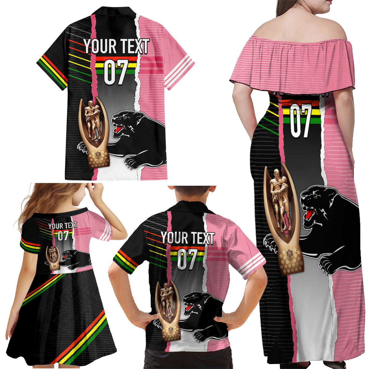 personalised-panther-rugby-nrl-premiers-family-matching-off-shoulder-maxi-dress-and-hawaiian-shirt-panther-pride-black-pink-sporty-vibe