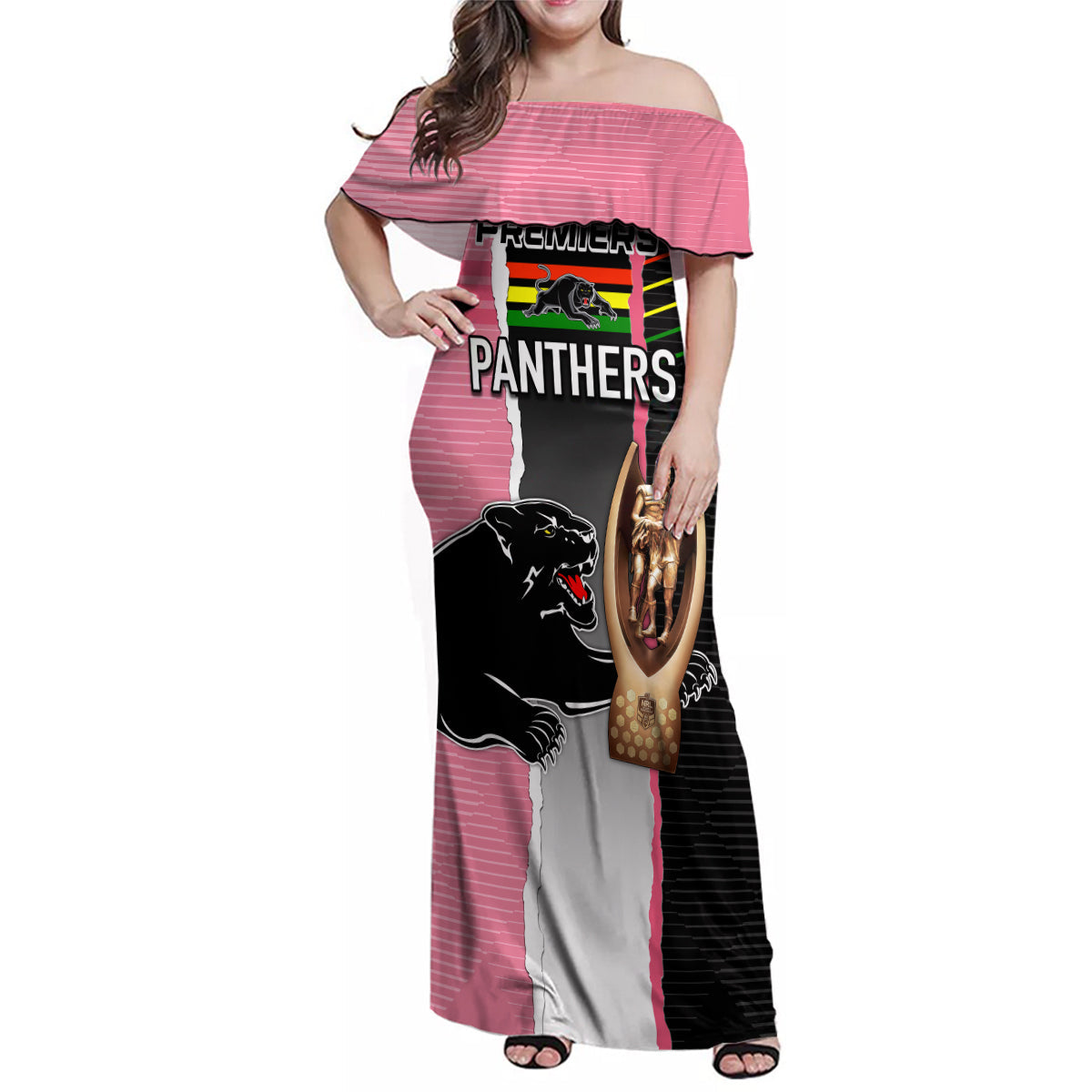 personalised-panther-rugby-nrl-premiers-family-matching-off-shoulder-maxi-dress-and-hawaiian-shirt-panther-pride-black-pink-sporty-vibe