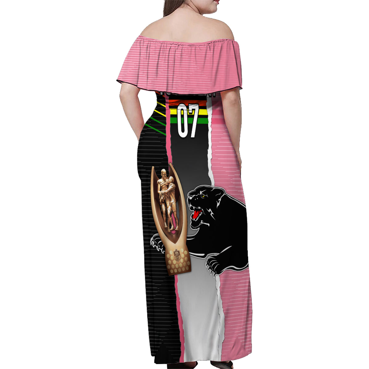 personalised-panther-rugby-nrl-premiers-family-matching-off-shoulder-maxi-dress-and-hawaiian-shirt-panther-pride-black-pink-sporty-vibe