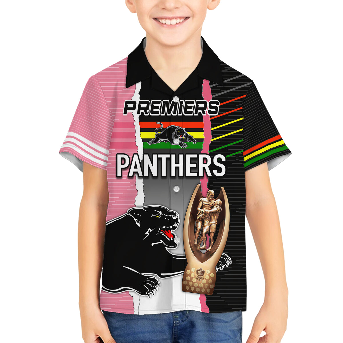 personalised-panther-rugby-nrl-premiers-family-matching-off-shoulder-maxi-dress-and-hawaiian-shirt-panther-pride-black-pink-sporty-vibe