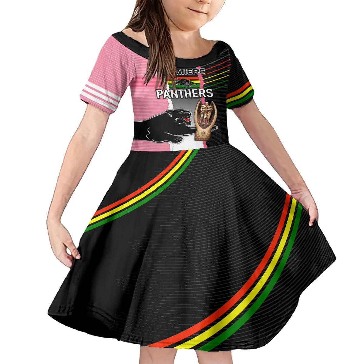 personalised-panther-rugby-nrl-premiers-family-matching-off-shoulder-short-dress-and-hawaiian-shirt-panther-pride-black-pink-sporty-vibe