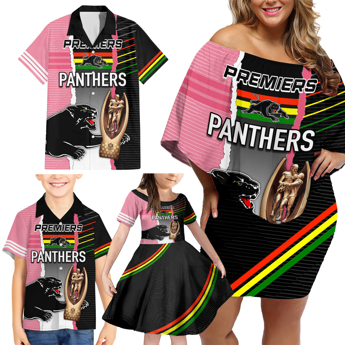 personalised-panther-rugby-nrl-premiers-family-matching-off-shoulder-short-dress-and-hawaiian-shirt-panther-pride-black-pink-sporty-vibe