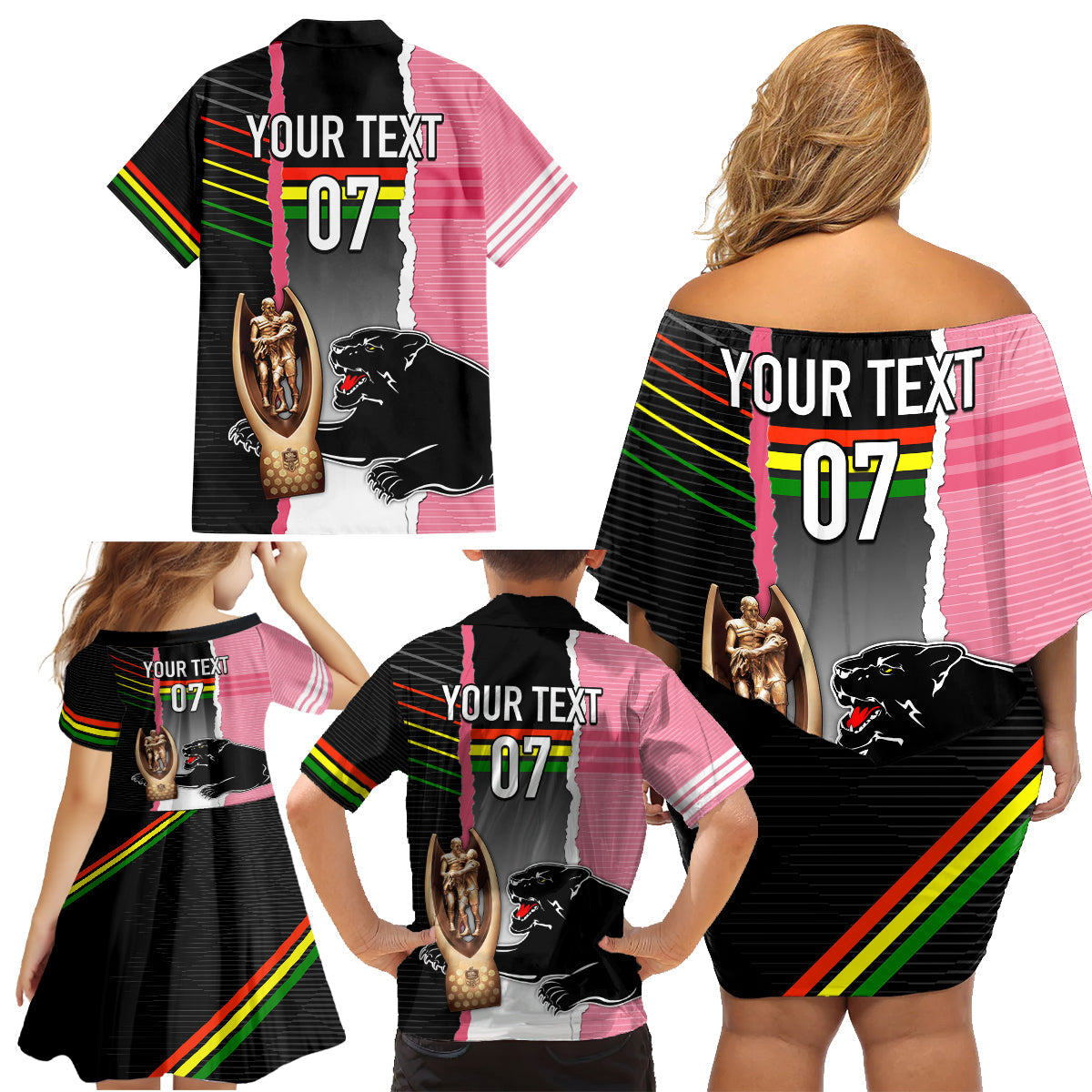 personalised-panther-rugby-nrl-premiers-family-matching-off-shoulder-short-dress-and-hawaiian-shirt-panther-pride-black-pink-sporty-vibe