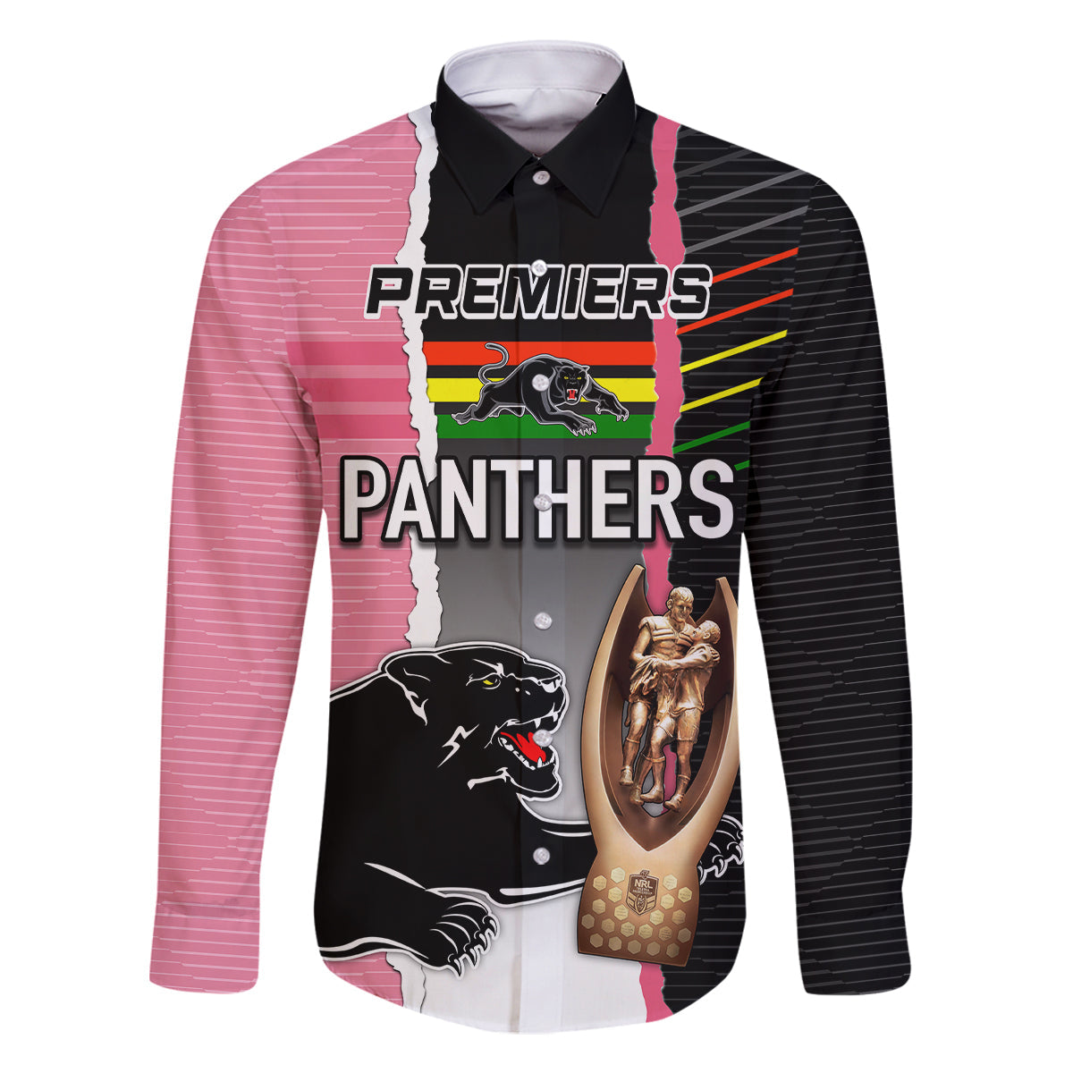 personalised-panther-rugby-nrl-premiers-family-matching-off-shoulder-short-dress-and-hawaiian-shirt-panther-pride-black-pink-sporty-vibe