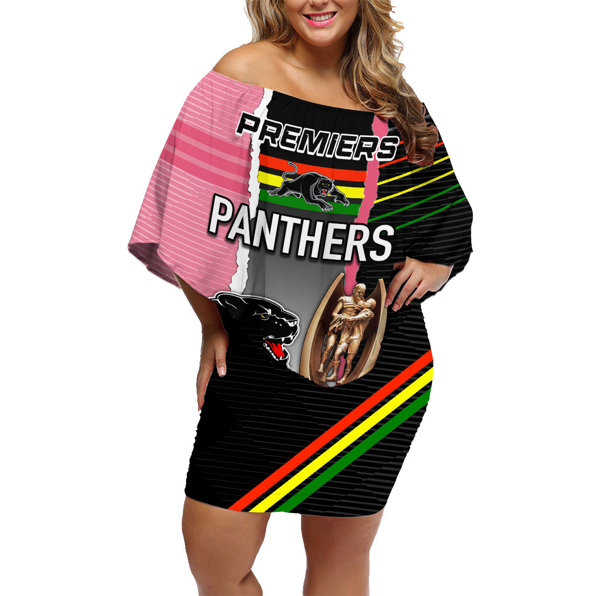 personalised-panther-rugby-nrl-premiers-family-matching-off-shoulder-short-dress-and-hawaiian-shirt-panther-pride-black-pink-sporty-vibe
