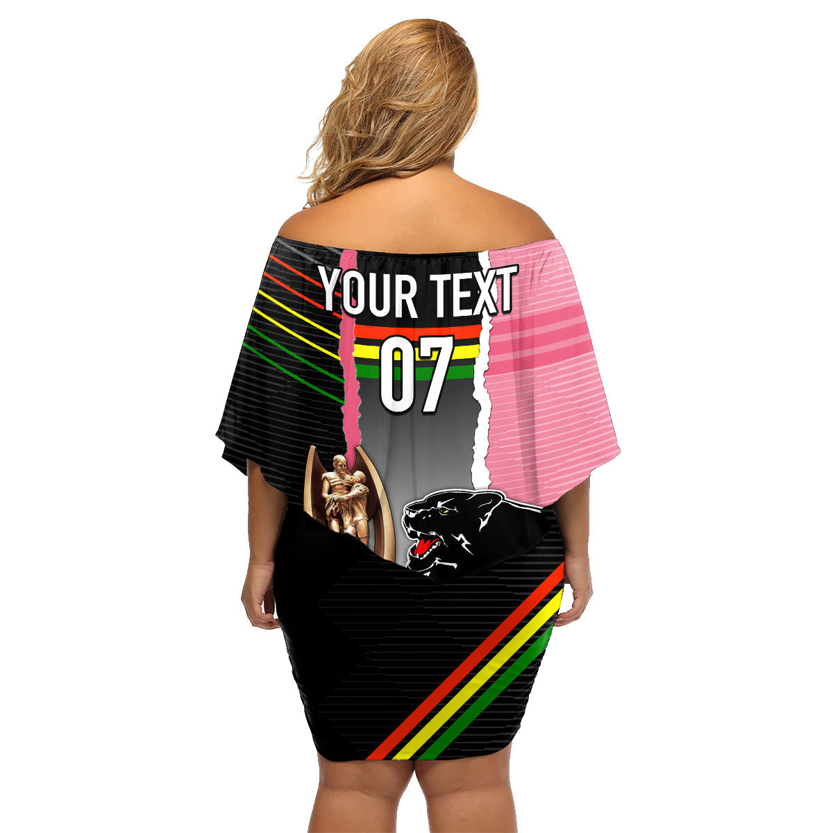 personalised-panther-rugby-nrl-premiers-family-matching-off-shoulder-short-dress-and-hawaiian-shirt-panther-pride-black-pink-sporty-vibe