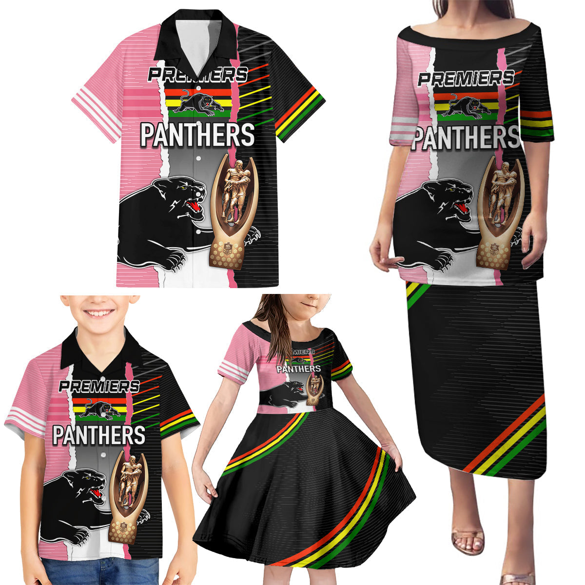 personalised-panther-rugby-nrl-premiers-family-matching-puletasi-dress-and-hawaiian-shirt-panther-pride-black-pink-sporty-vibe
