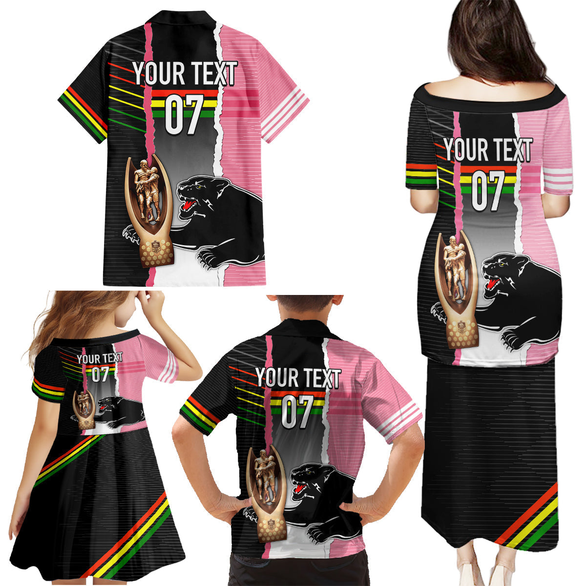 personalised-panther-rugby-nrl-premiers-family-matching-puletasi-dress-and-hawaiian-shirt-panther-pride-black-pink-sporty-vibe