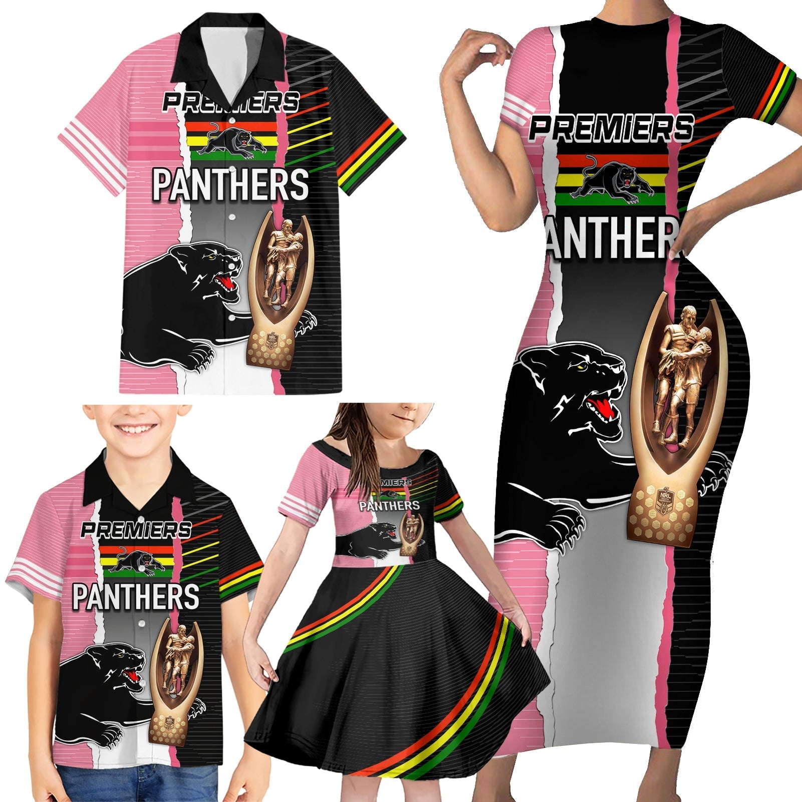 personalised-panther-rugby-nrl-premiers-family-matching-short-sleeve-bodycon-dress-and-hawaiian-shirt-panther-pride-black-pink-sporty-vibe