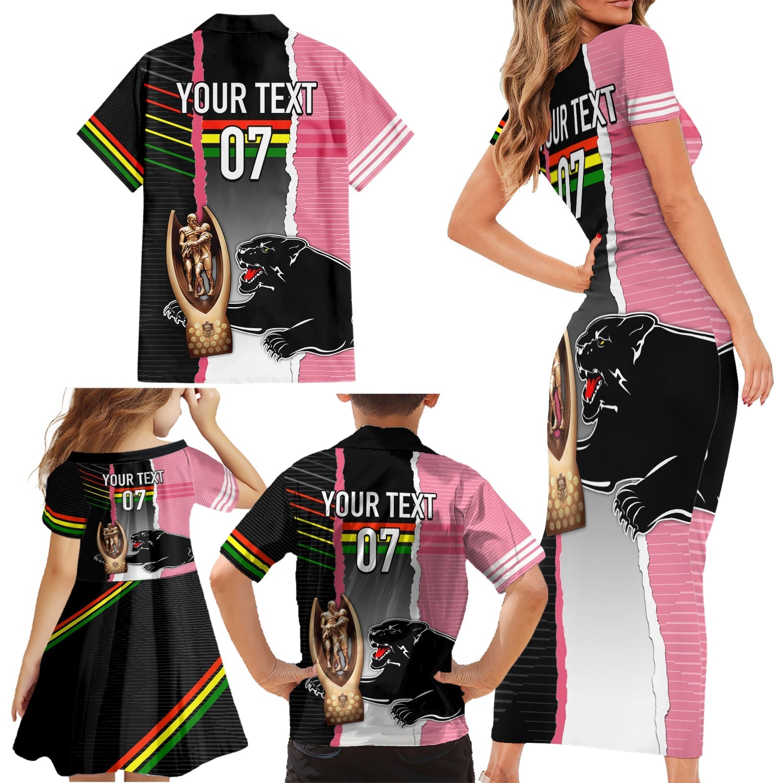 personalised-panther-rugby-nrl-premiers-family-matching-short-sleeve-bodycon-dress-and-hawaiian-shirt-panther-pride-black-pink-sporty-vibe