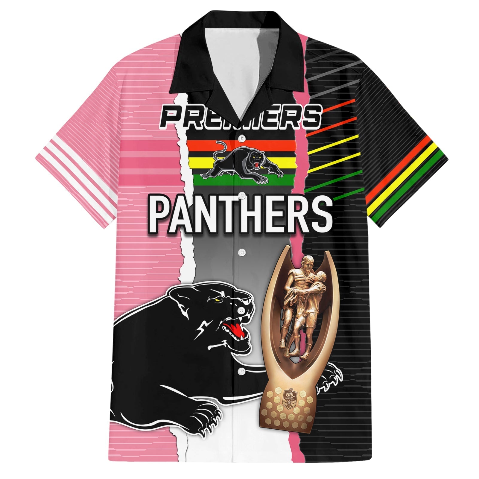 personalised-panther-rugby-nrl-premiers-family-matching-short-sleeve-bodycon-dress-and-hawaiian-shirt-panther-pride-black-pink-sporty-vibe