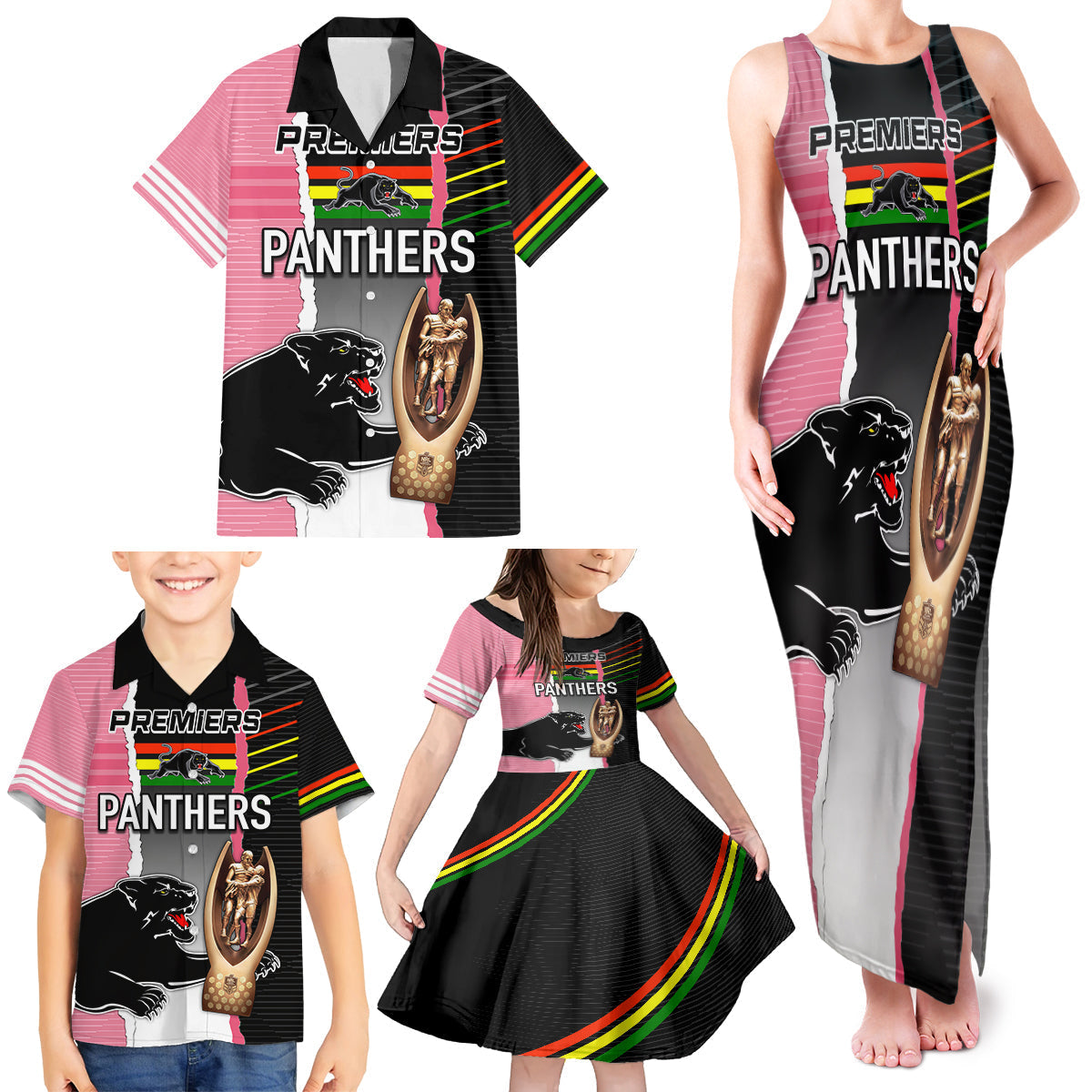 personalised-panther-rugby-nrl-premiers-family-matching-tank-maxi-dress-and-hawaiian-shirt-panther-pride-black-pink-sporty-vibe