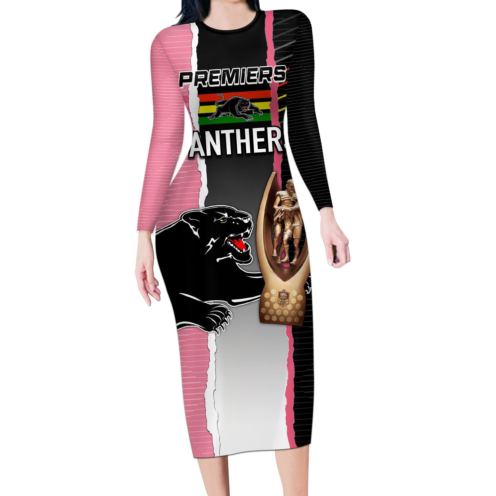 personalised-panther-rugby-nrl-premiers-long-sleeve-bodycon-dress-panther-pride-black-pink-sporty-vibe
