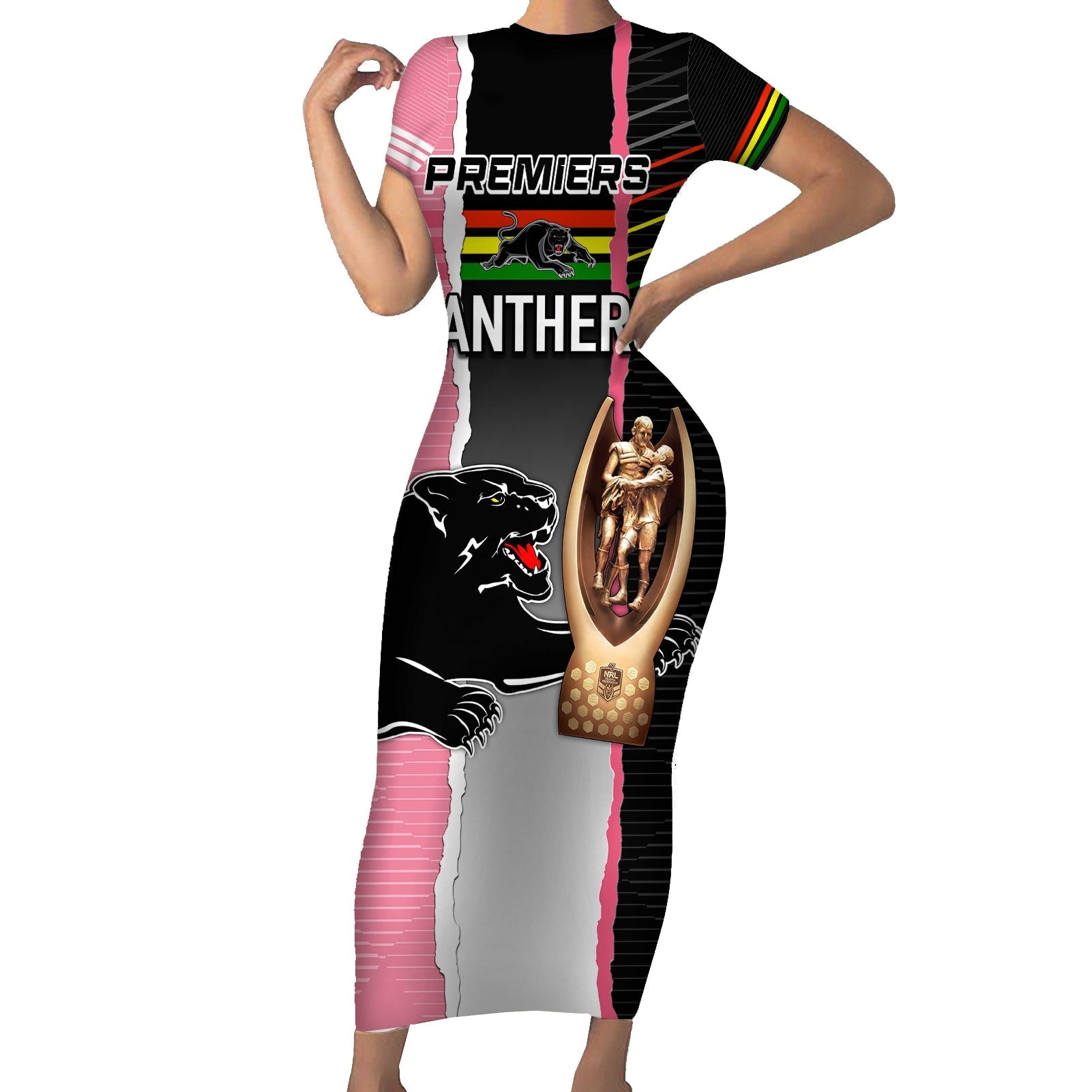 personalised-panther-rugby-nrl-premiers-short-sleeve-bodycon-dress-panther-pride-black-pink-sporty-vibe