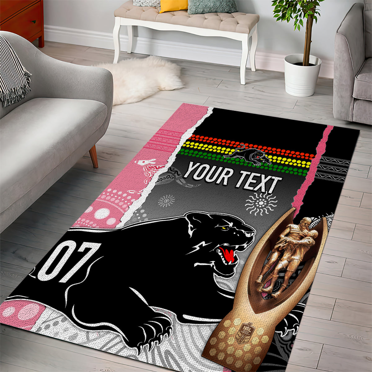 Personalised Panther Rugby NRL Premiers Area Rug Panther Pride Black & Pink Aboriginal Mix Art - Vibe Hoodie Shop