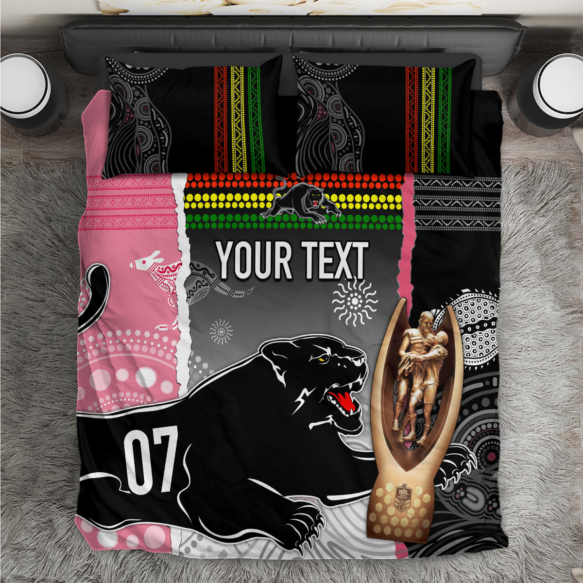 Personalised Panther Rugby NRL Premiers Bedding Set Panther Pride Black & Pink Aboriginal Mix Art - Vibe Hoodie Shop