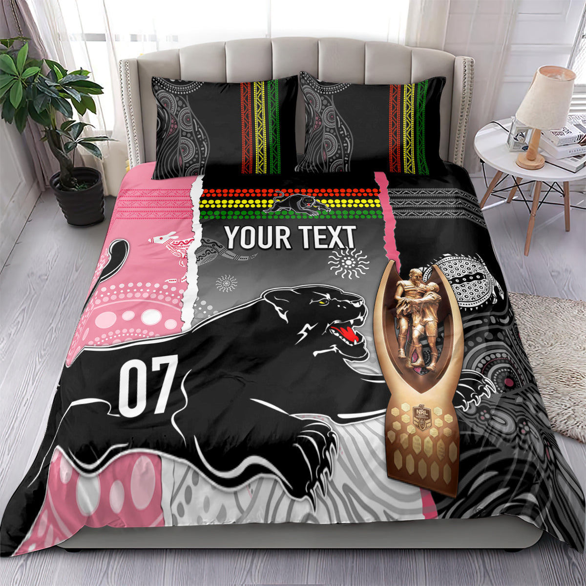 Personalised Panther Rugby NRL Premiers Bedding Set Panther Pride Black & Pink Aboriginal Mix Art - Vibe Hoodie Shop
