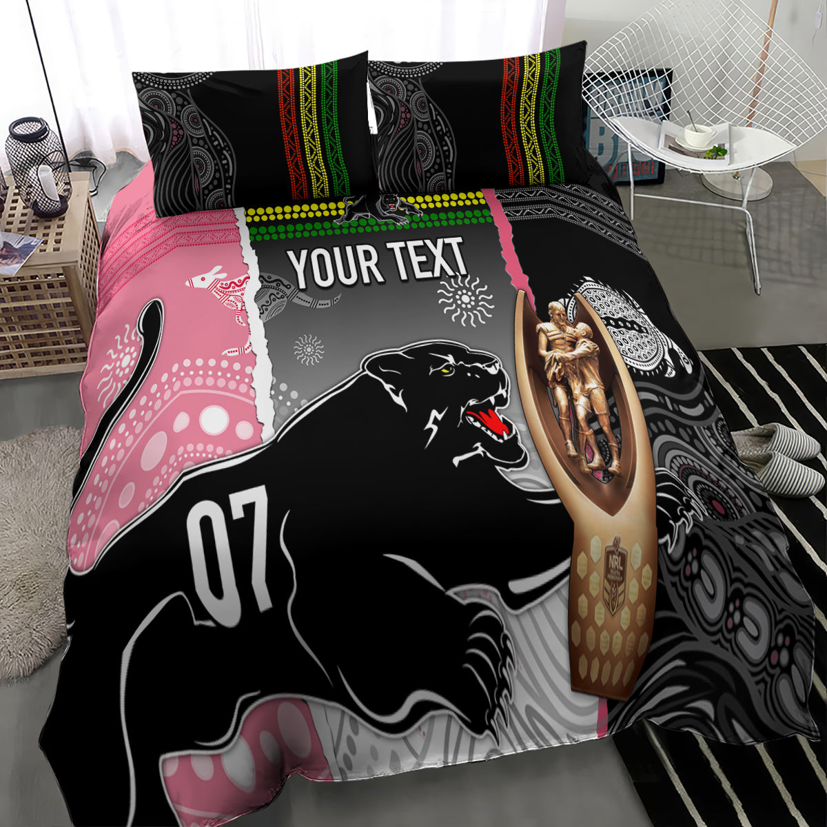 Personalised Panther Rugby NRL Premiers Bedding Set Panther Pride Black & Pink Aboriginal Mix Art - Vibe Hoodie Shop