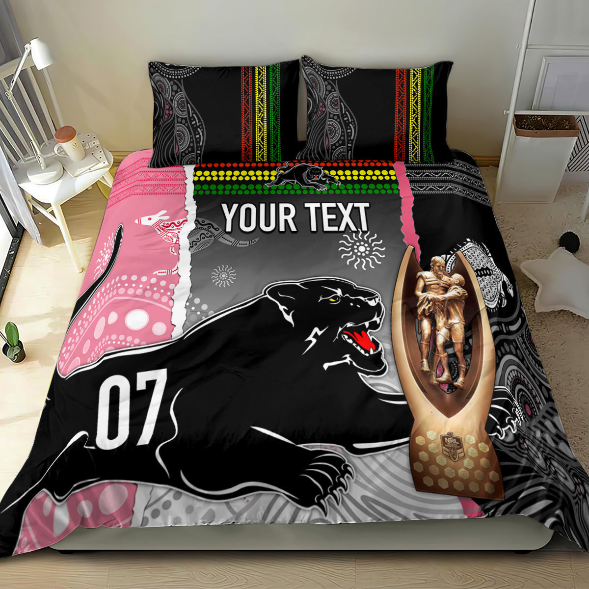 Personalised Panther Rugby NRL Premiers Bedding Set Panther Pride Black & Pink Aboriginal Mix Art - Vibe Hoodie Shop