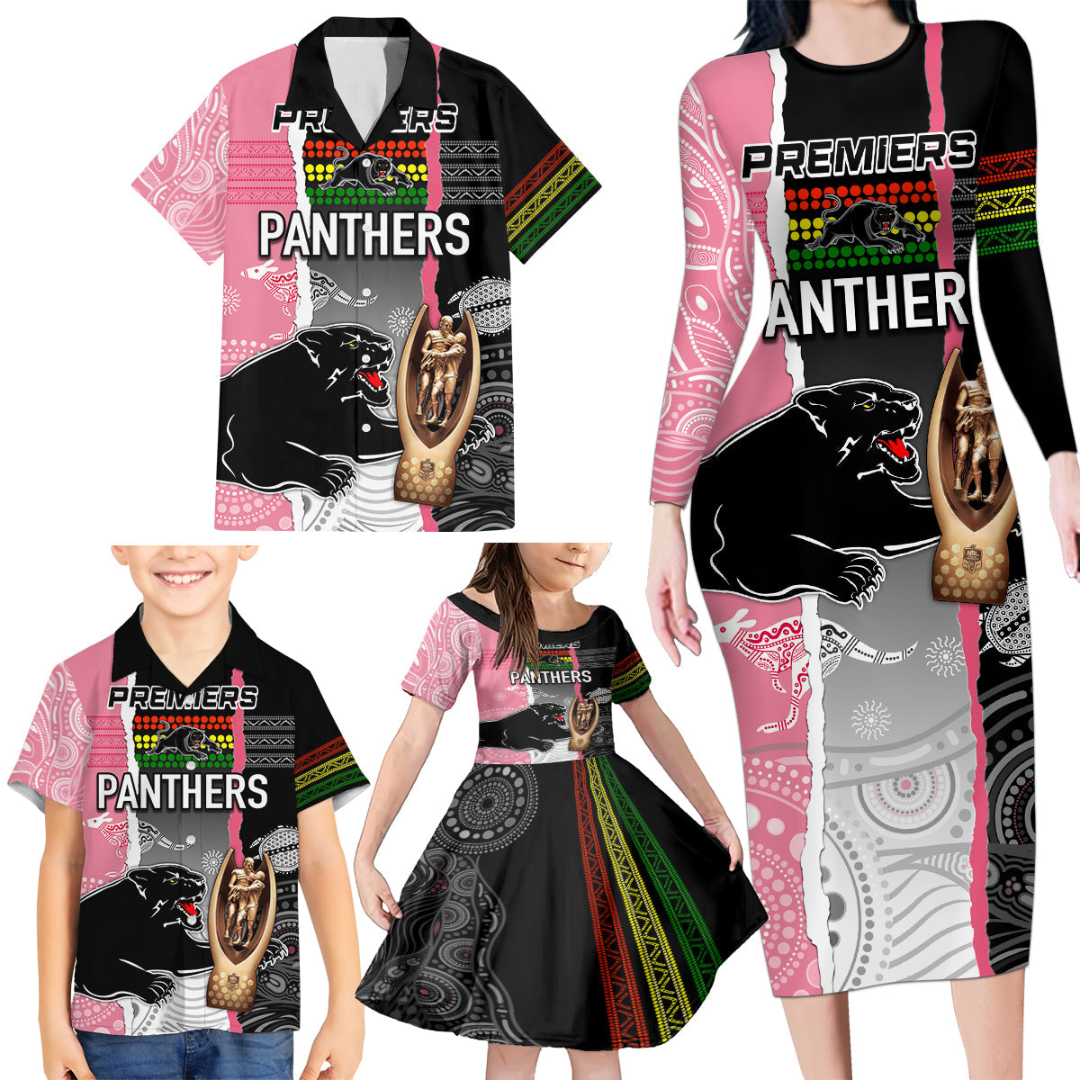 personalised-panther-rugby-nrl-premiers-family-matching-long-sleeve-bodycon-dress-and-hawaiian-shirt-panther-pride-black-pink-aboriginal-mix-art