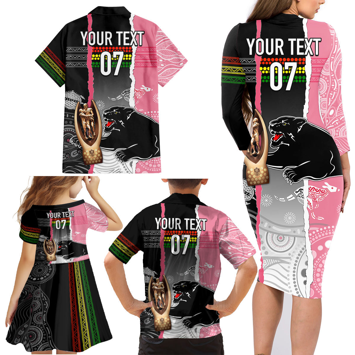 personalised-panther-rugby-nrl-premiers-family-matching-long-sleeve-bodycon-dress-and-hawaiian-shirt-panther-pride-black-pink-aboriginal-mix-art