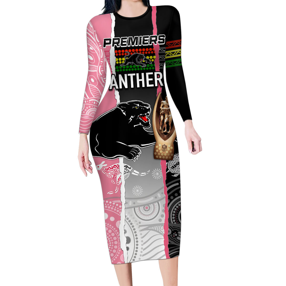 personalised-panther-rugby-nrl-premiers-family-matching-long-sleeve-bodycon-dress-and-hawaiian-shirt-panther-pride-black-pink-aboriginal-mix-art