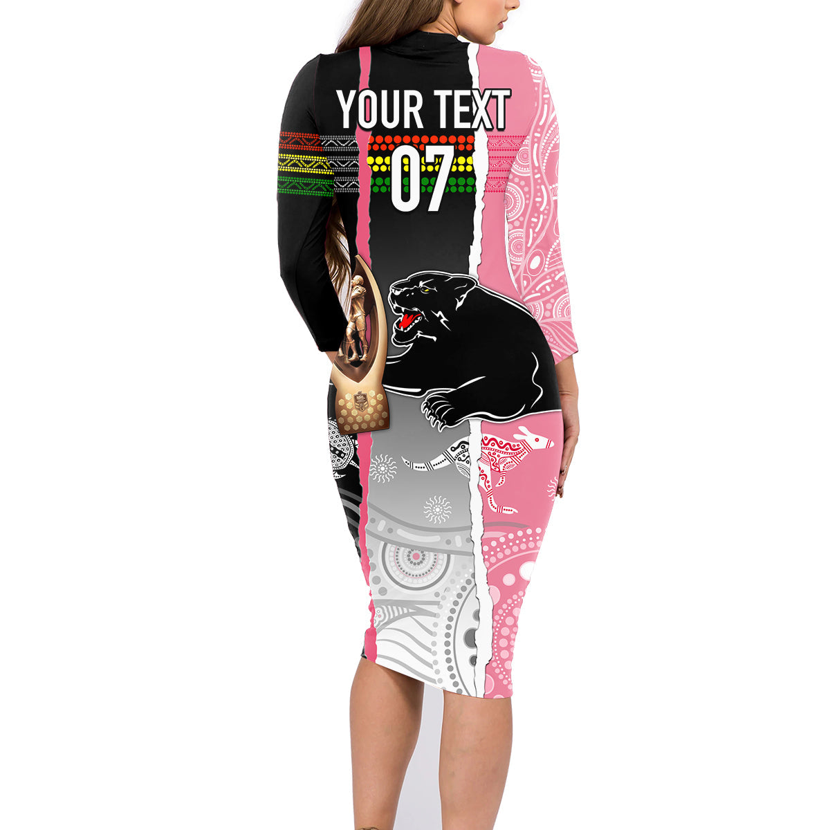 personalised-panther-rugby-nrl-premiers-family-matching-long-sleeve-bodycon-dress-and-hawaiian-shirt-panther-pride-black-pink-aboriginal-mix-art
