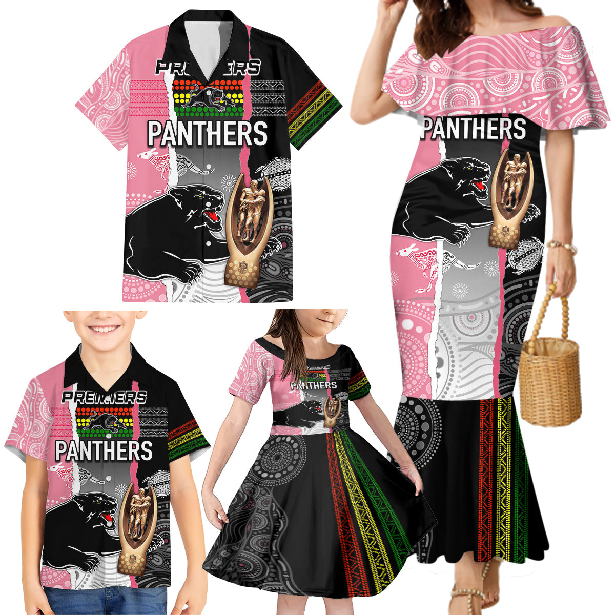 personalised-panther-rugby-nrl-premiers-family-matching-mermaid-dress-and-hawaiian-shirt-panther-pride-black-pink-aboriginal-mix-art