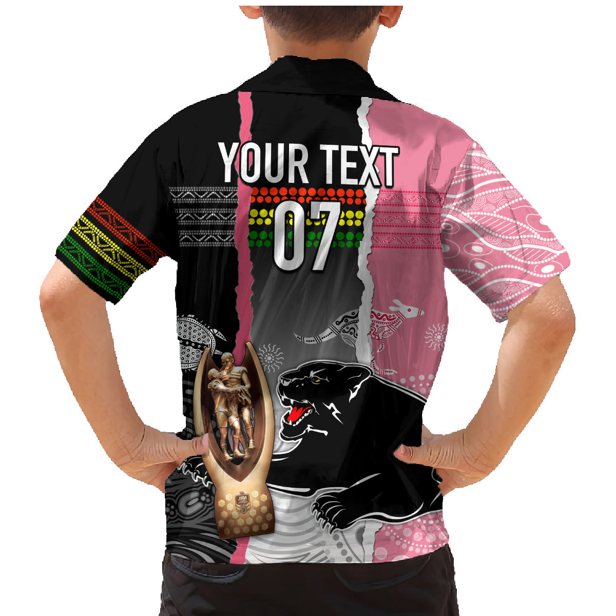 personalised-panther-rugby-nrl-premiers-family-matching-mermaid-dress-and-hawaiian-shirt-panther-pride-black-pink-aboriginal-mix-art