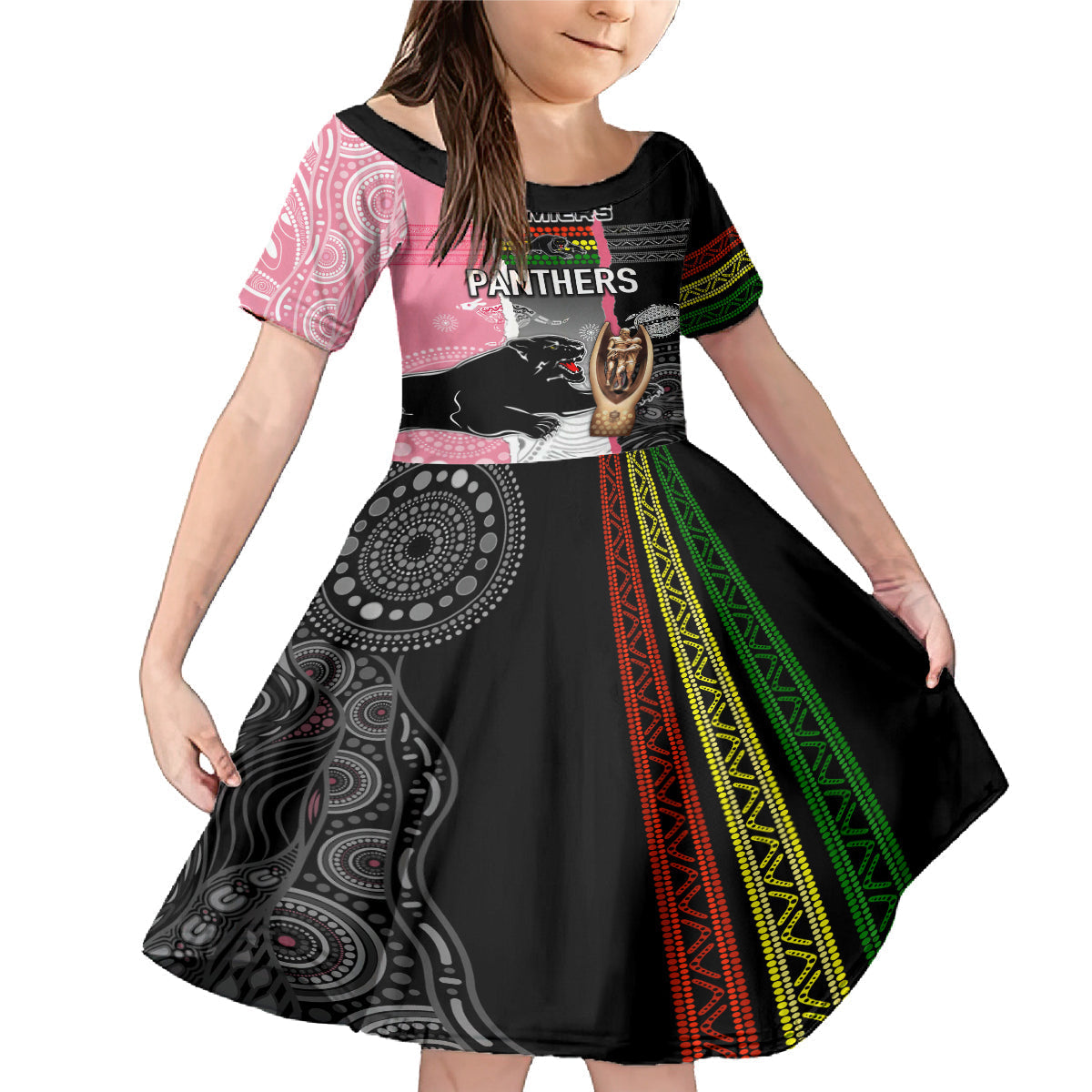 personalised-panther-rugby-nrl-premiers-family-matching-mermaid-dress-and-hawaiian-shirt-panther-pride-black-pink-aboriginal-mix-art