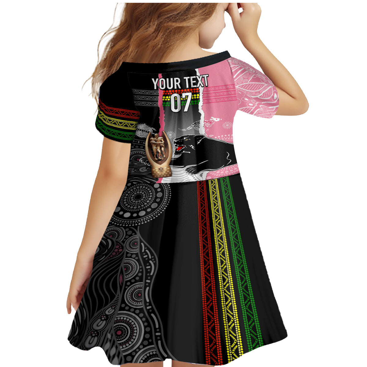 personalised-panther-rugby-nrl-premiers-family-matching-mermaid-dress-and-hawaiian-shirt-panther-pride-black-pink-aboriginal-mix-art