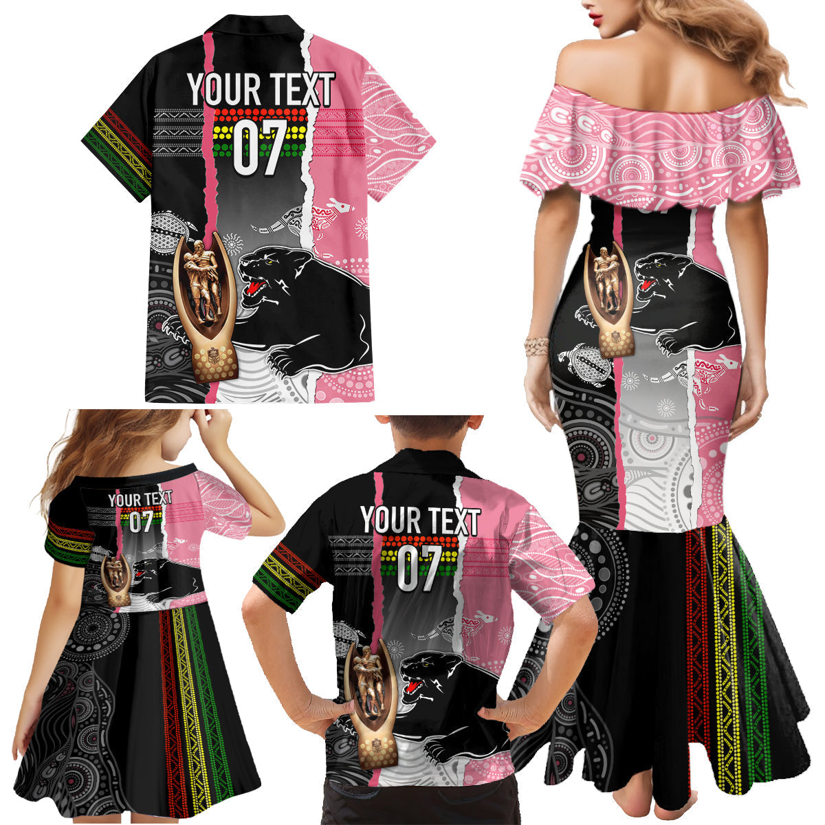 personalised-panther-rugby-nrl-premiers-family-matching-mermaid-dress-and-hawaiian-shirt-panther-pride-black-pink-aboriginal-mix-art