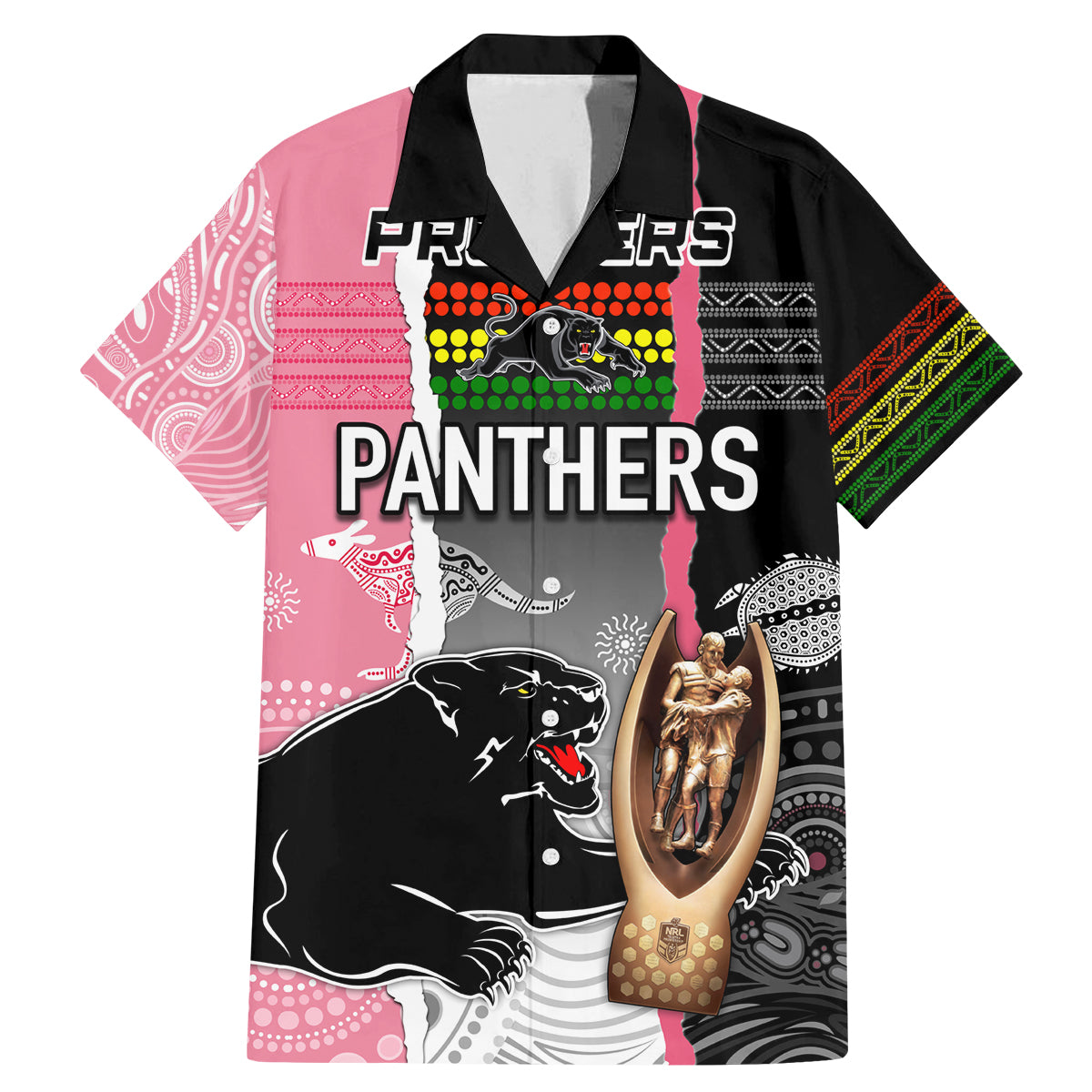 personalised-panther-rugby-nrl-premiers-family-matching-mermaid-dress-and-hawaiian-shirt-panther-pride-black-pink-aboriginal-mix-art