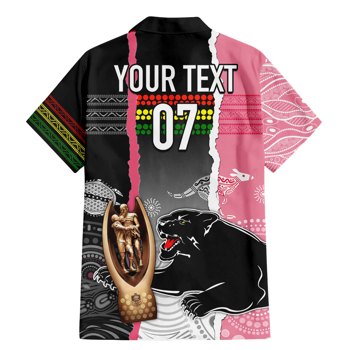 personalised-panther-rugby-nrl-premiers-family-matching-mermaid-dress-and-hawaiian-shirt-panther-pride-black-pink-aboriginal-mix-art
