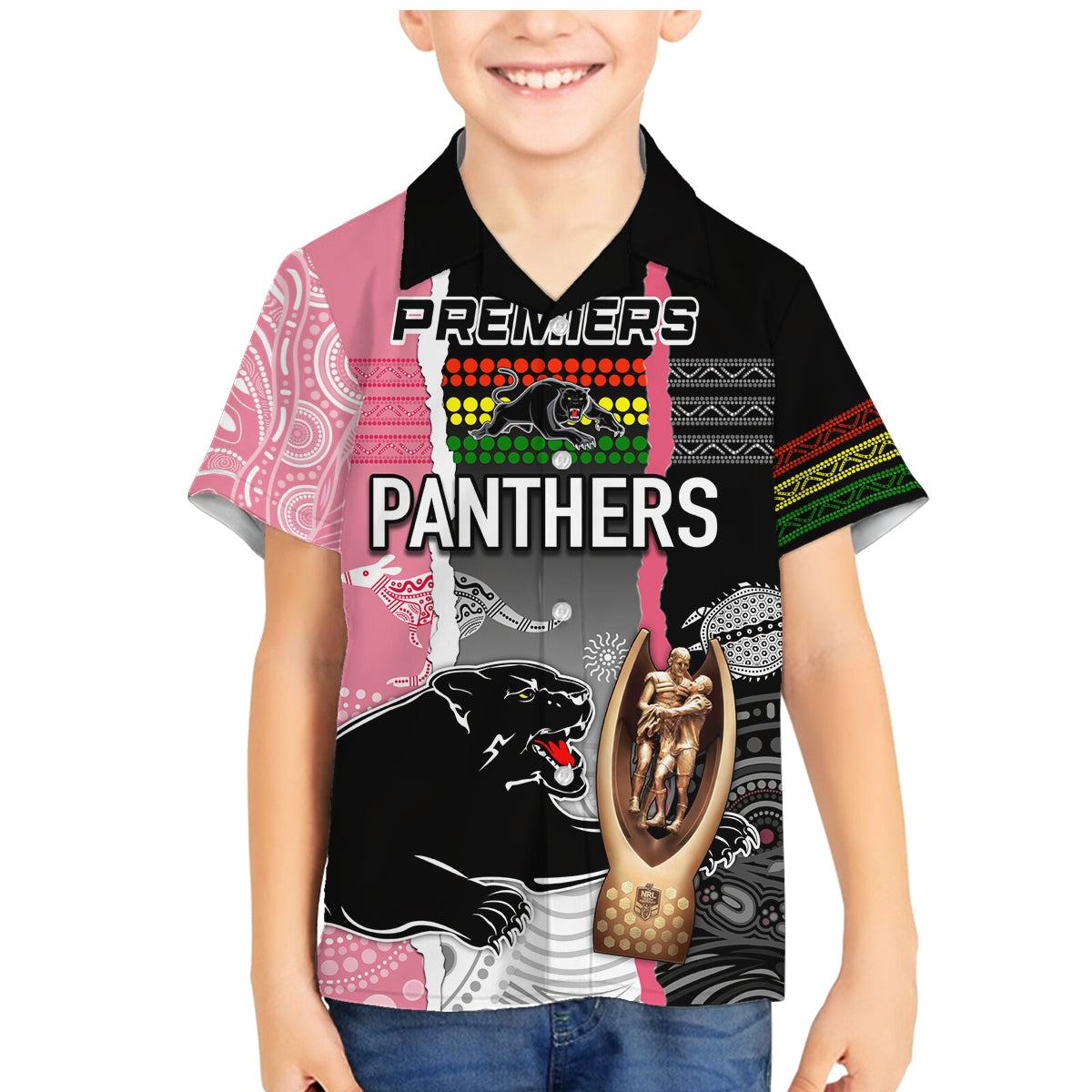 personalised-panther-rugby-nrl-premiers-family-matching-mermaid-dress-and-hawaiian-shirt-panther-pride-black-pink-aboriginal-mix-art