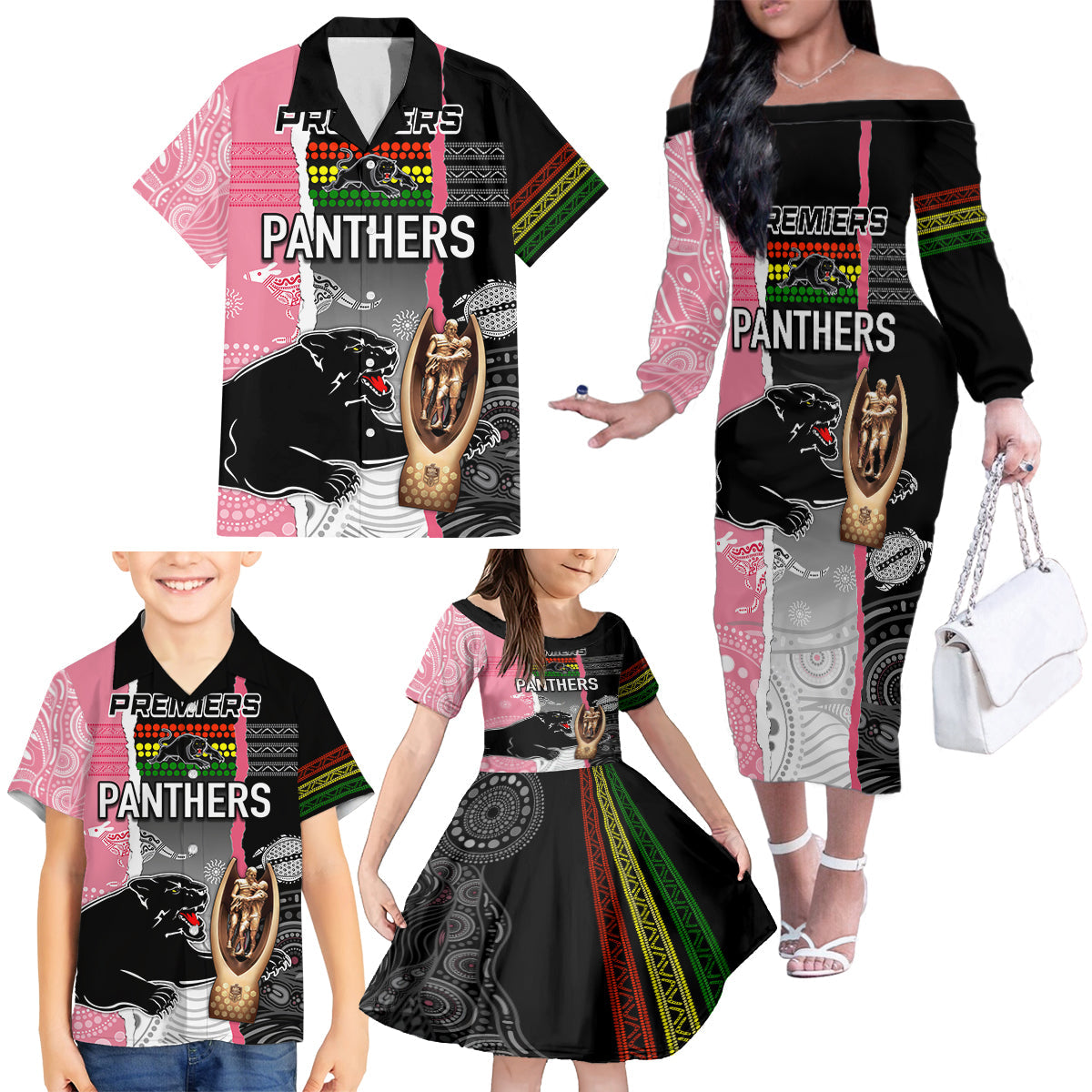 personalised-panther-rugby-nrl-premiers-family-matching-off-shoulder-long-sleeve-dress-and-hawaiian-shirt-panther-pride-black-pink-aboriginal-mix-art