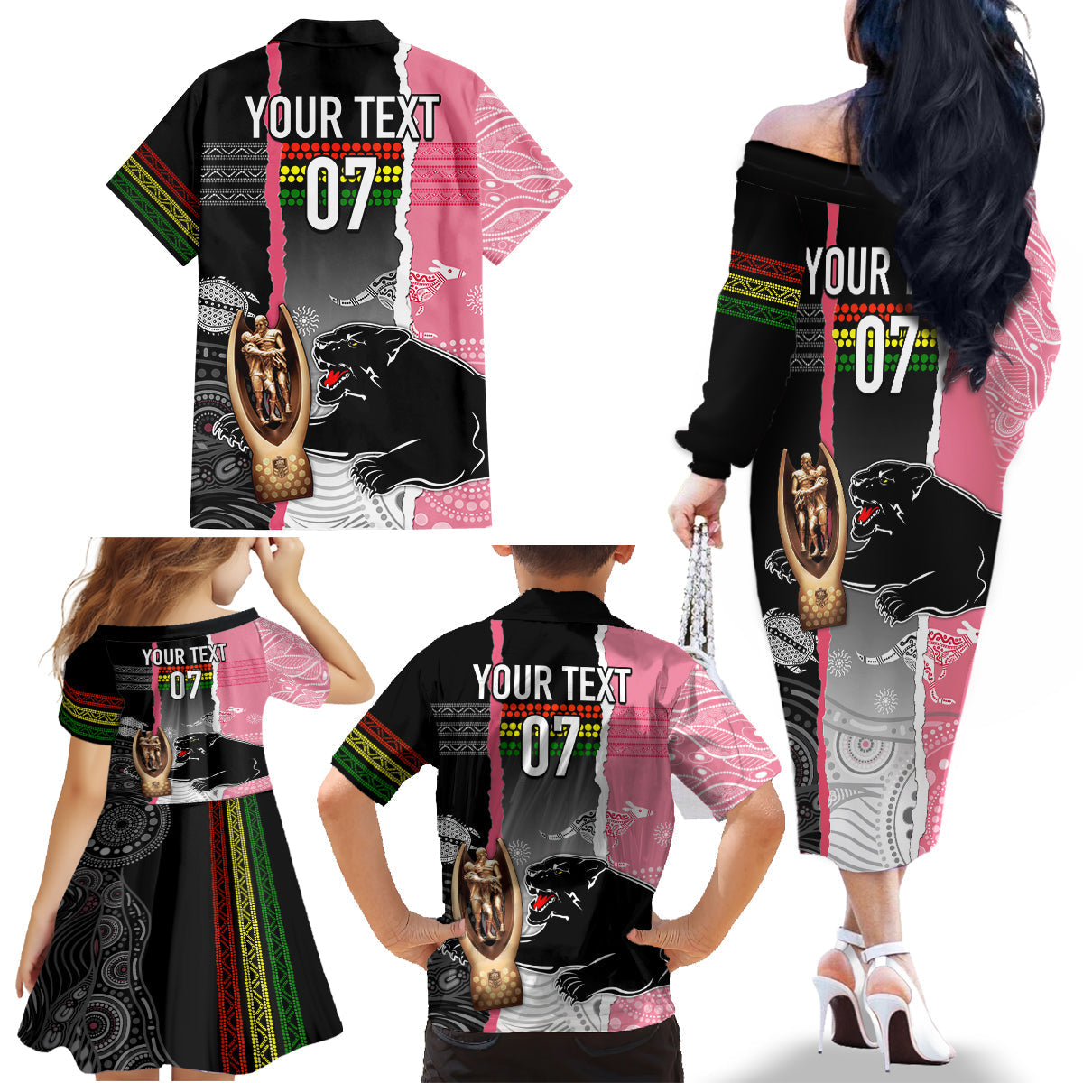 personalised-panther-rugby-nrl-premiers-family-matching-off-shoulder-long-sleeve-dress-and-hawaiian-shirt-panther-pride-black-pink-aboriginal-mix-art