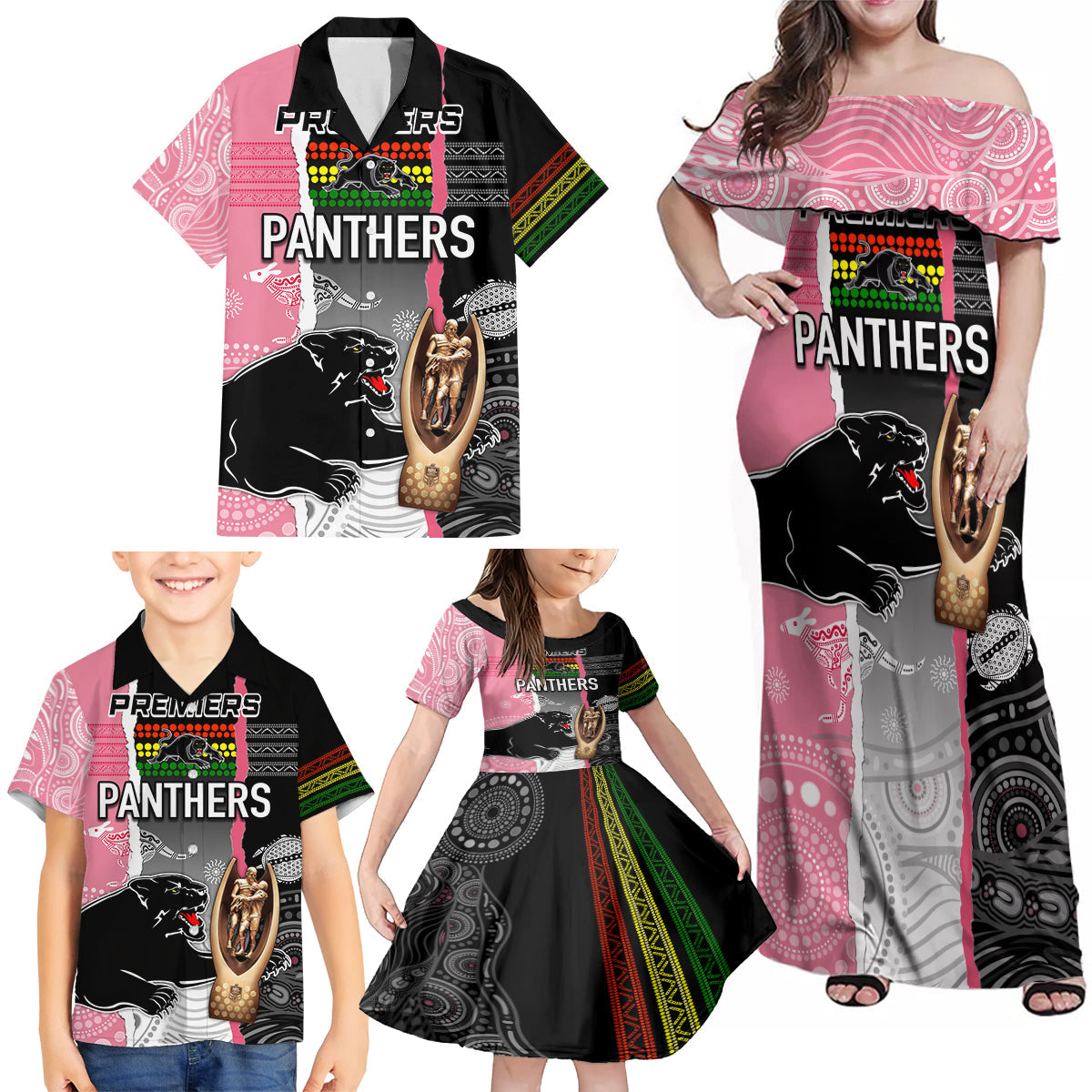 personalised-panther-rugby-nrl-premiers-family-matching-off-shoulder-maxi-dress-and-hawaiian-shirt-panther-pride-black-pink-aboriginal-mix-art